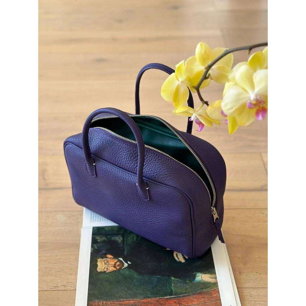 Purple Genuine Leather Tote Women's 2025 New High-End Handbag Single oulder Slant Cross Bowling Boston Bag Soft Handle