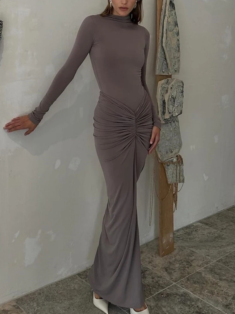 Womens Pleated Patchwork Long Dress High Waist Sleeve Slim Fit Maxi Gown for Summer Fashion Party Wear 251022