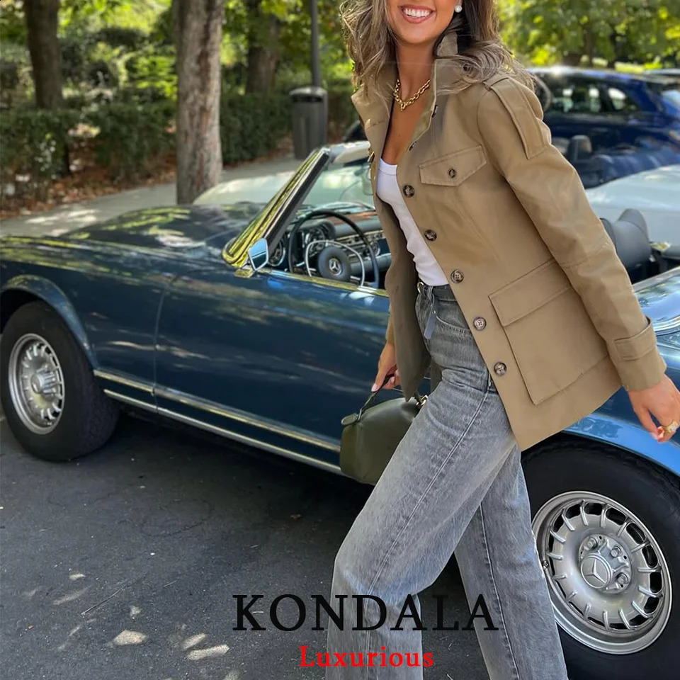 KONDALA Office Lady Trench Jackets Women Long Sleeve Buttons Pockets Chic Khaki Coats Fashion Slim Straight Fall Outwears 251013