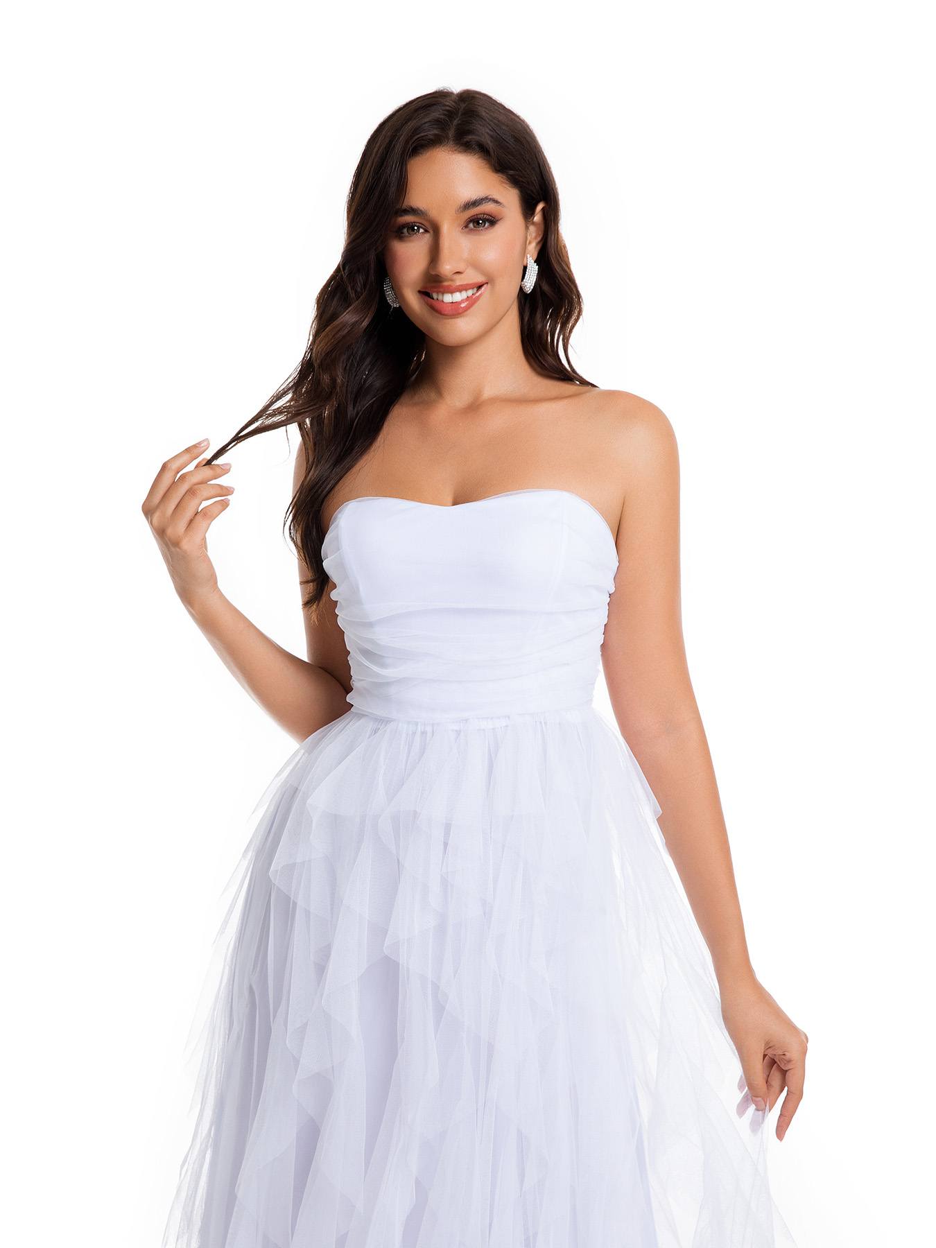 Women's Mememe Brand Strapless Tiered Tulle Evening Dress, Slim-Waist Sexy Formal Gown (S-XL, Black/White)-D360