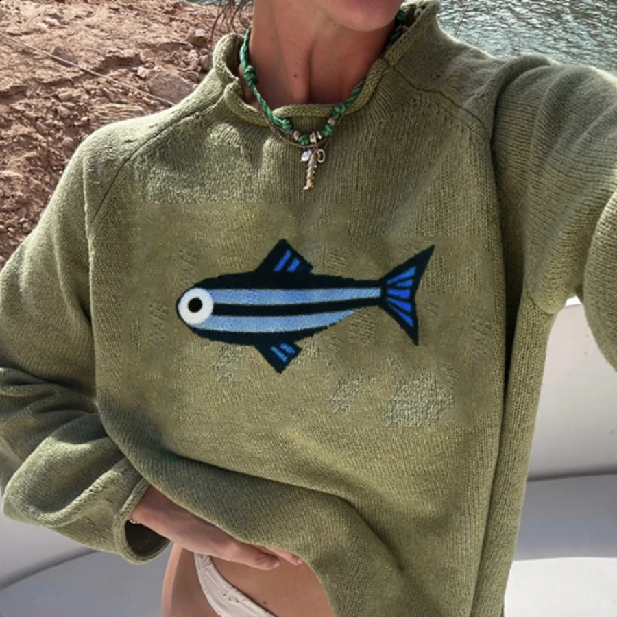 Collection Sardine Knitted Sweater Light Green With Fish Pattern Women Pullover For Casual Wear 251023