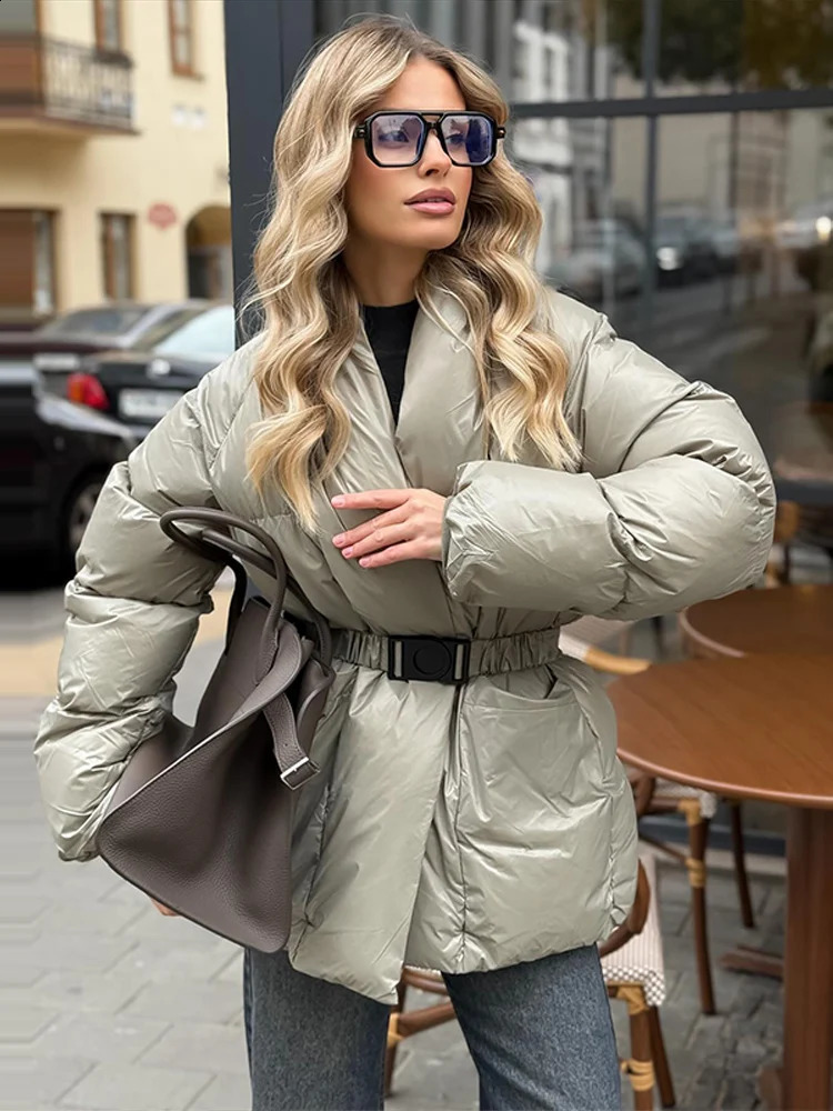 Elegant Belt Cotton Coat Women Solid Vneck Long Sleeve Pocket Thicken Jacket Female Winter Warm Chic Lace Up Lady Outwears 251021