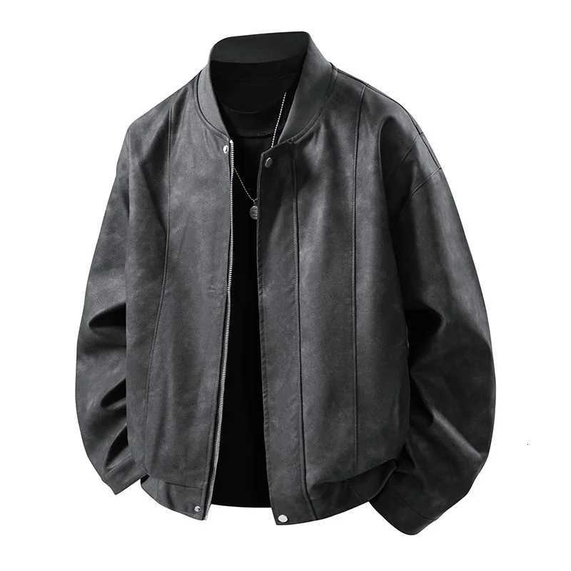 2025 Casual highquality leather jacket for men in autumn loose fit PU leather retro collar motorcycle style casual and stylish W251023