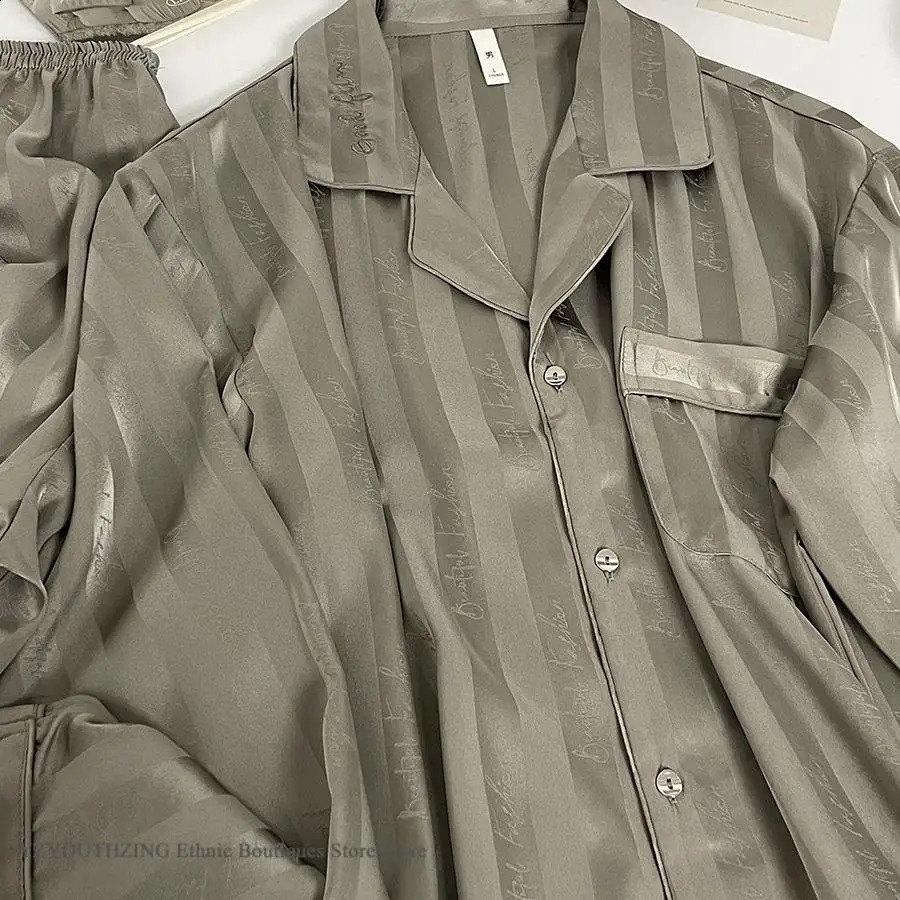 Men 2PCS Pajamas Set Loungewear Print Stripe Sleepwear Long Sleeve Trouser Suits Loose Silky Satin Home Clothes Night Wear 3XL 251021