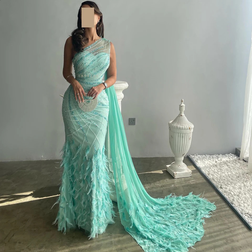 Sharon Said Feather Turquoise Aqua One Shoulder Evening Dresses with Cape Train Prom Wedding Party Gowns SS498 Customized 251020