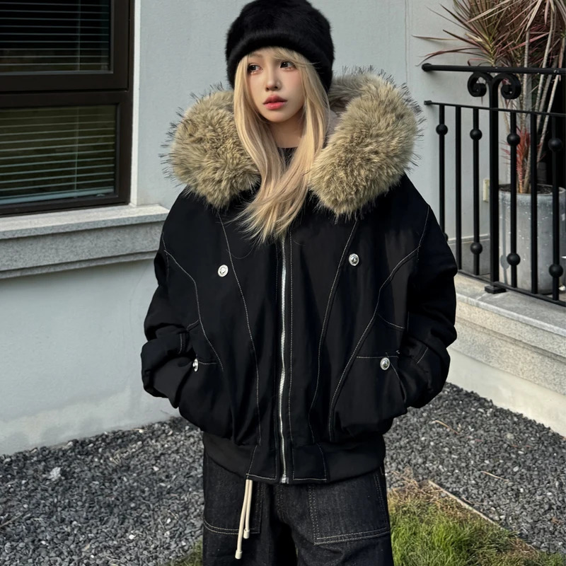 Autumn Winter Cotton Padded Jacket Women Outerwear Thick Warm Oversize Short Coat Female Hooded Long Sleeve Fur Collar Parkas 251021