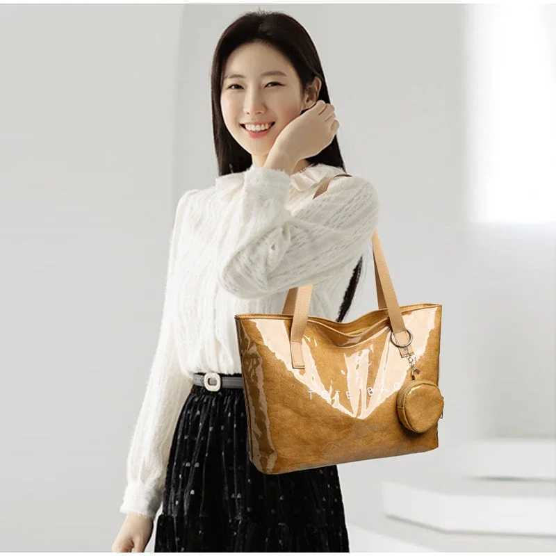 PVC Kraft Paper Tote Bag with Matching PurseLarge Capacity Hobo Shoulder BagWomen Casual Shopping Letters Top Handle HandbagL251023