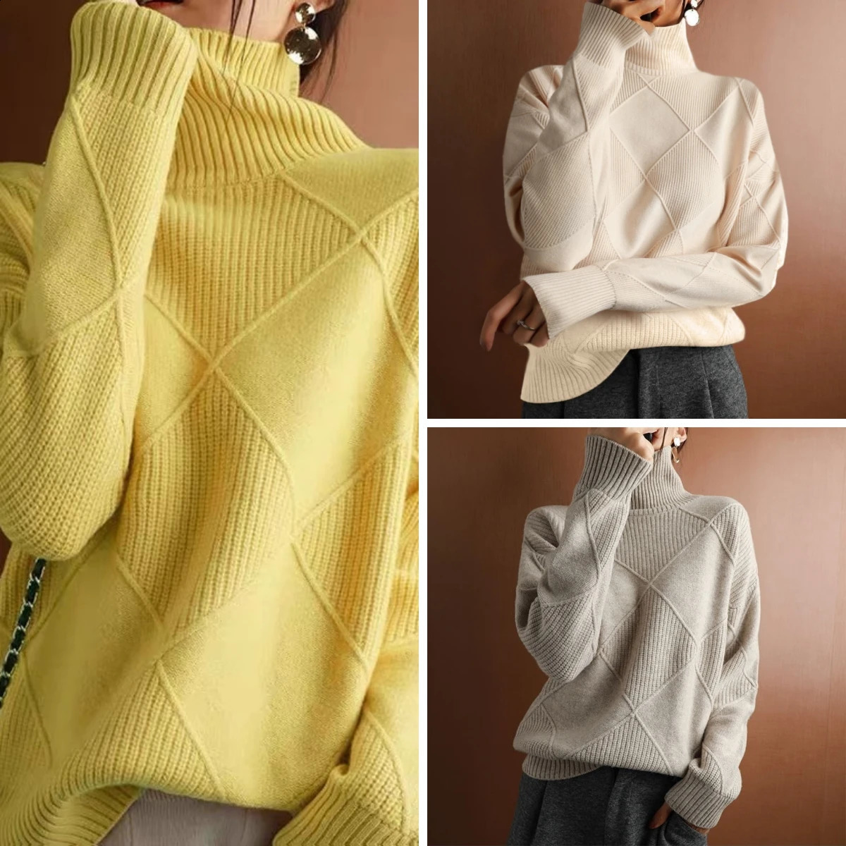 Pullover Tops Sweaters Turtleneck Knitted Full Sleeve Jumpers Y2k Streetwear Elegant Jumper Casual Loose Autumn Winter 251016