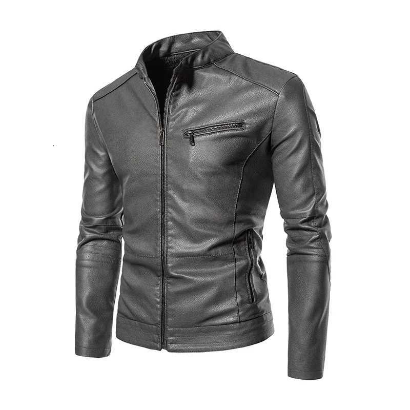 2025 PU Casual Leather Jacket Men Fleece Motorcycle Biker Slim Fit Outerwear Men Solid Stand Collar Leather Jackets W251023