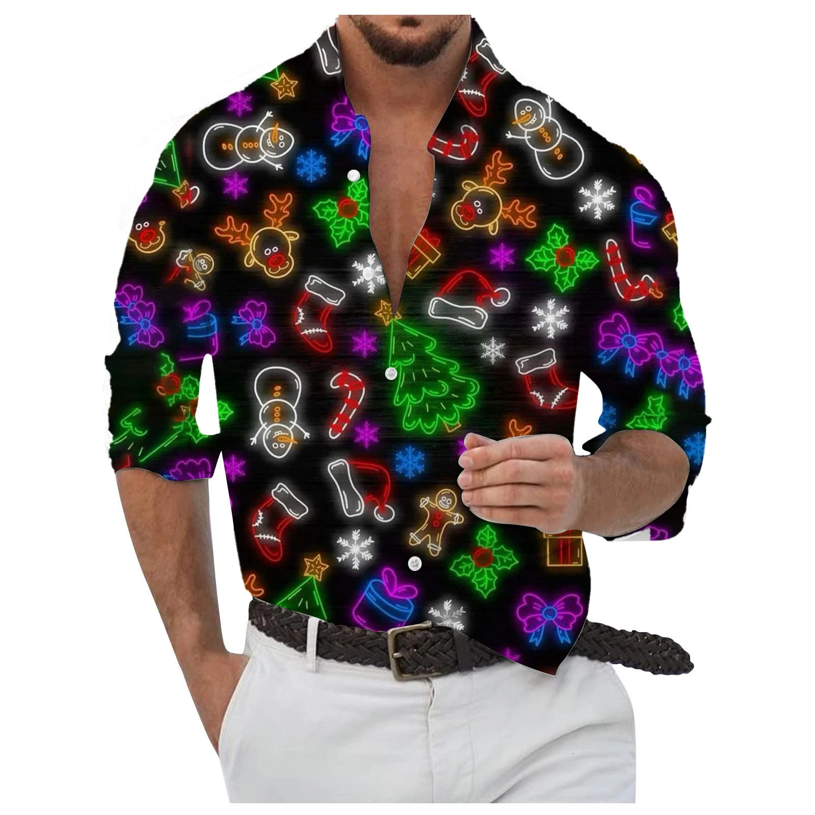 Mens Christmas Elements Casual Shirts 3D Print Jingle Bell Graphic Long Sleeve Shirt Loose Comfortable TurnDown Collar Clothes 251016