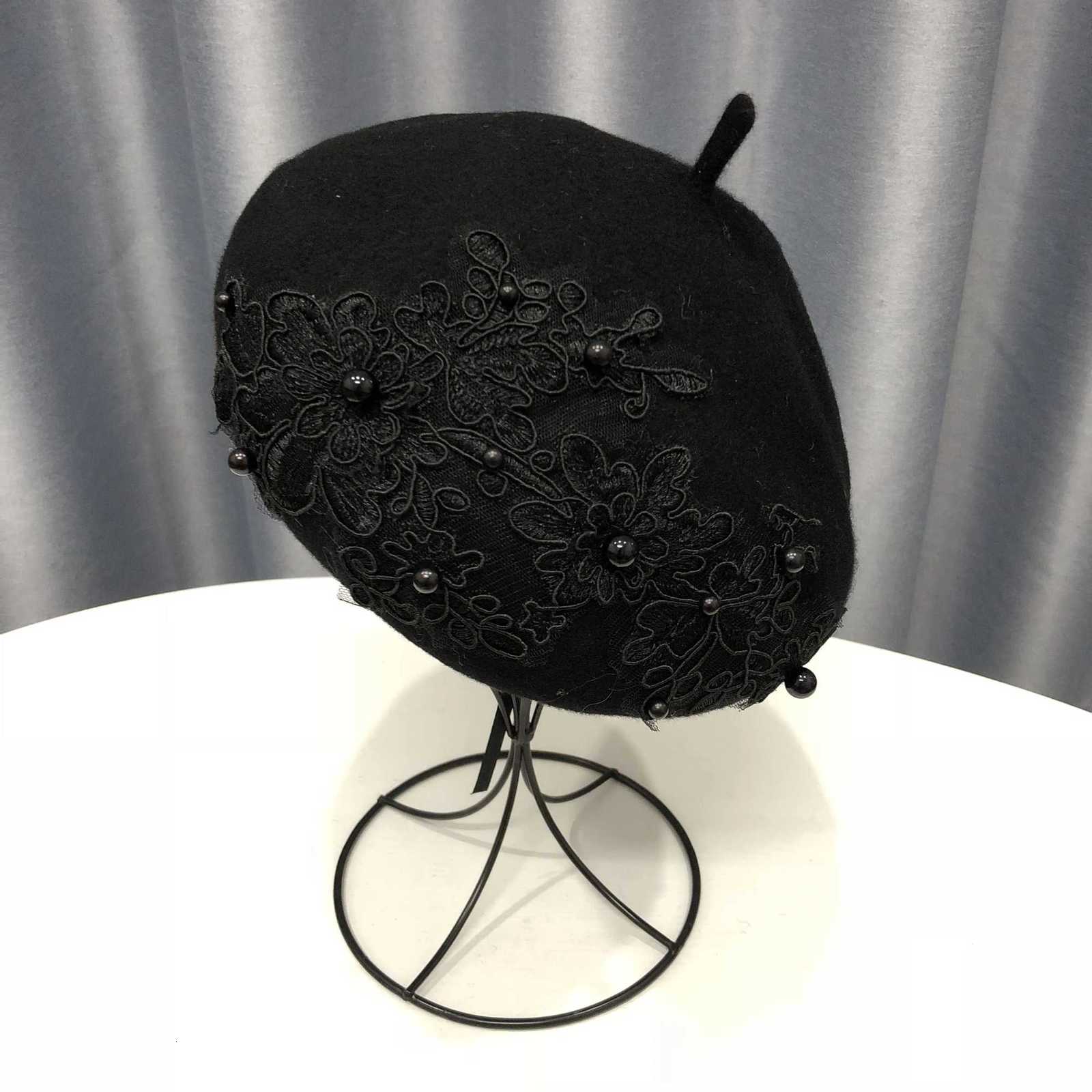 VISROVER winter wool beret with lace and pearls fa wool winter autumn spring hat solid color top quality Wen BoinaW251023