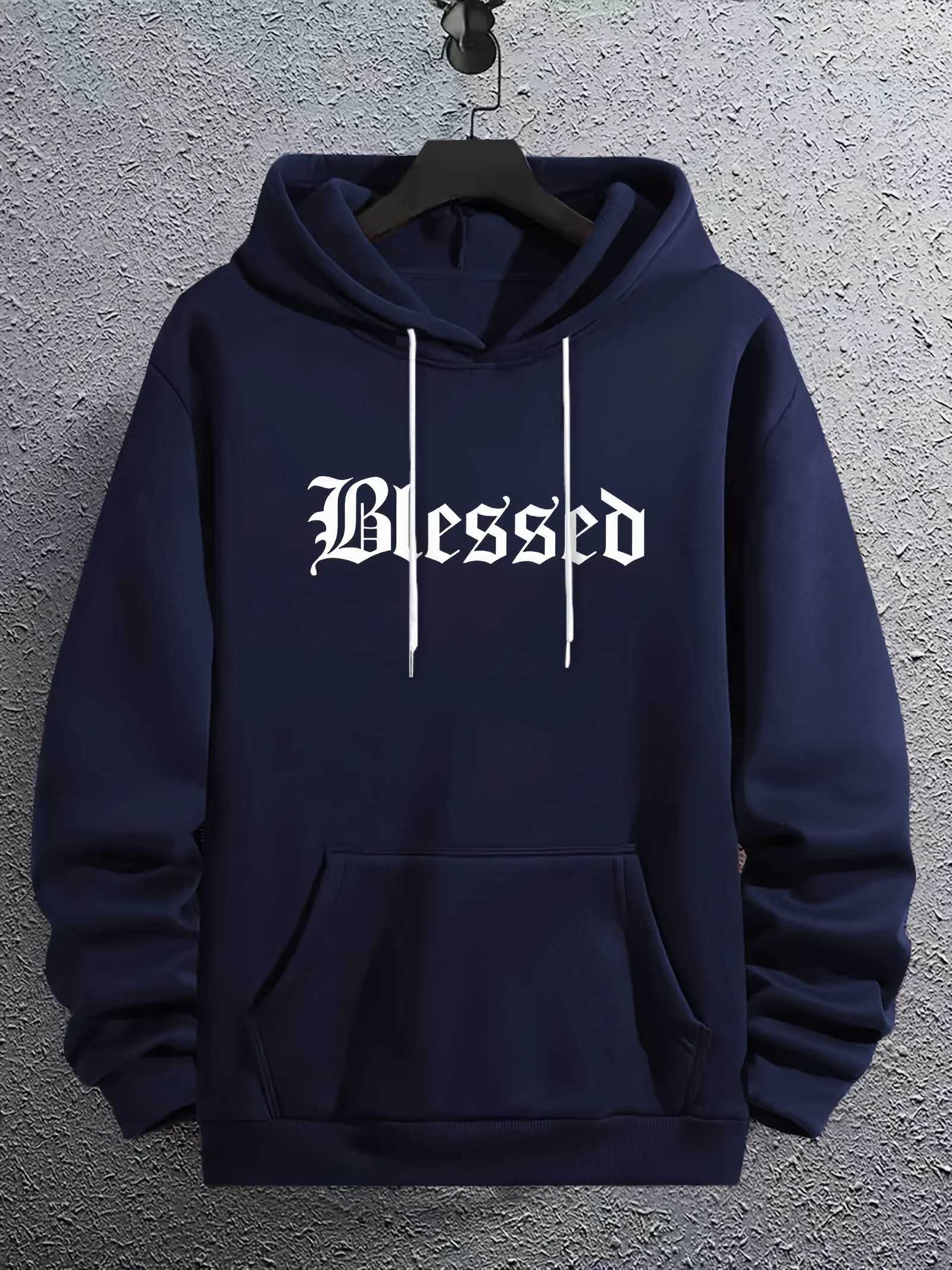 Mens autumn and winter casual fashion loose letter blessed print long sleeved hooded sweatshirt warm pulloverT251023