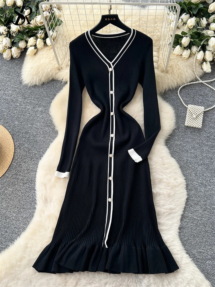 SINGREINY Autumn Women Fishtail Long Dress V Neck Single Breasted Elastic Sheath n High Quality Knitting Sweater 251022