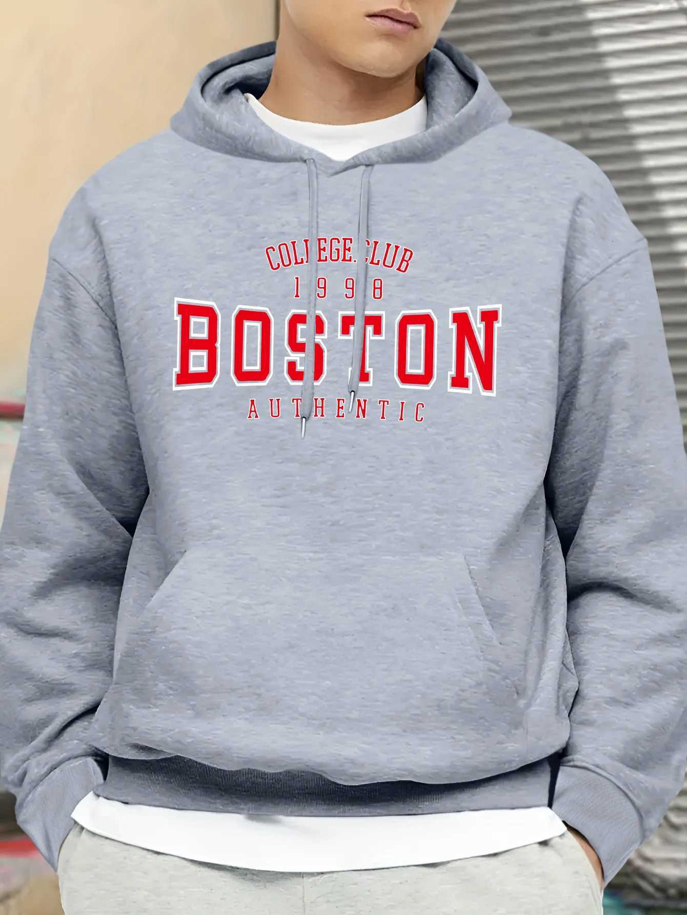Mens autumn and winter casual fashion loose Boston letter pattern print long sleeved hooded sweatshirt warm pulloverT251023