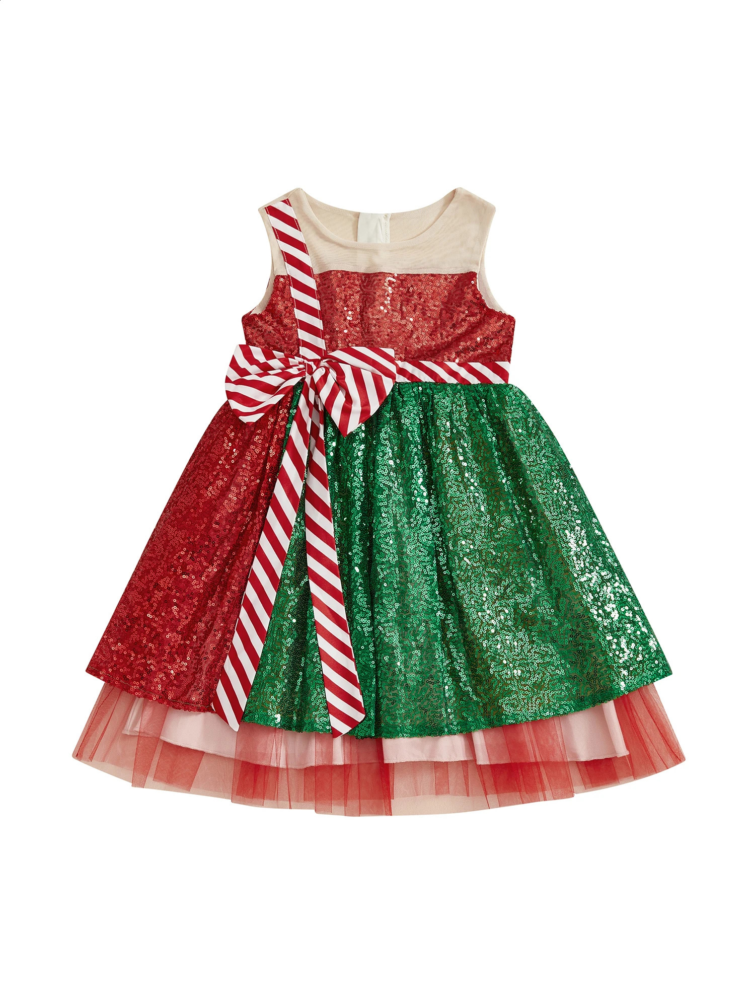 Toddler Girl Christmas Dress Sleeveless Round Neck Sequin Dress Party Dress with Bow Detail and Tulle Skirt 251022