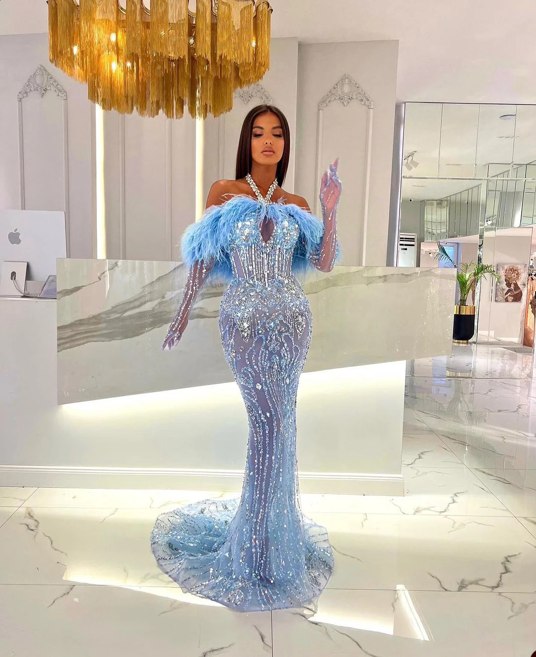 Gorgeous Blue Mermaid Halter Prom Dresses Crystal Sequins Feather Evening Gowns Side Split Custom Made Robe De Soire 251020