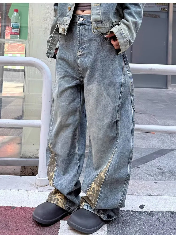 2025 American Retro Y2K Style Leopard Patchwork Baggy Jeans Pants For Men Clothing Straight Harajuku Denim Trousers Moda Hombre 251018