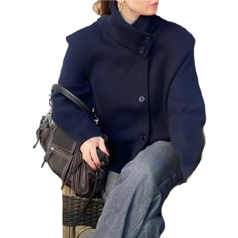 2025 Fall and Winter Womens Jacket Elegant Stand Collar Single Breasted Buttoned Loose Coat Woolen Solid Women Outwears 251018