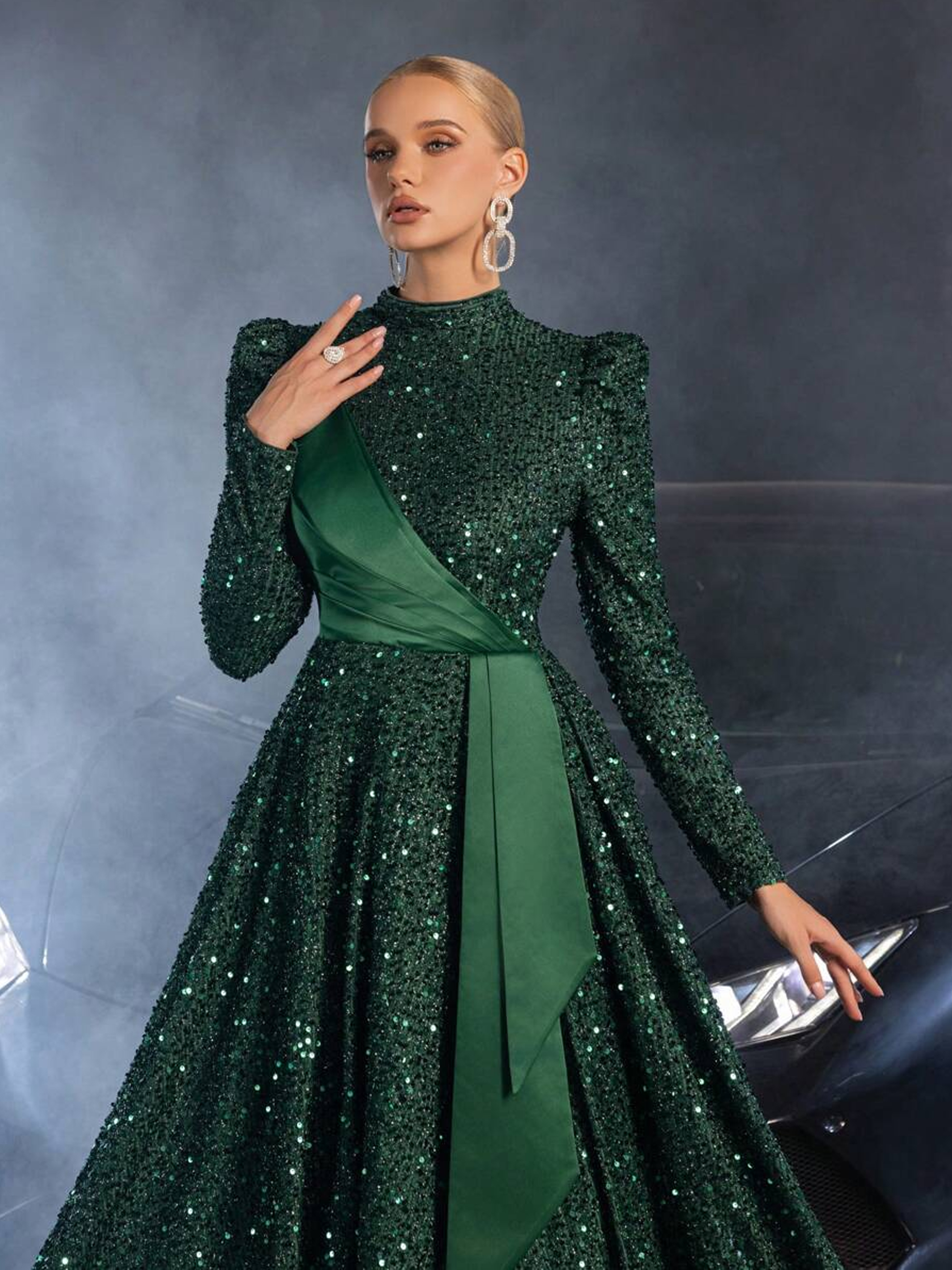 Women's Mememe Brand Shiny Sequin Evening Dress, Retro Puff Sleeve Voluminous Skirt Formal Gown (S-XL, Dark Green/Black/Apricot)-D375