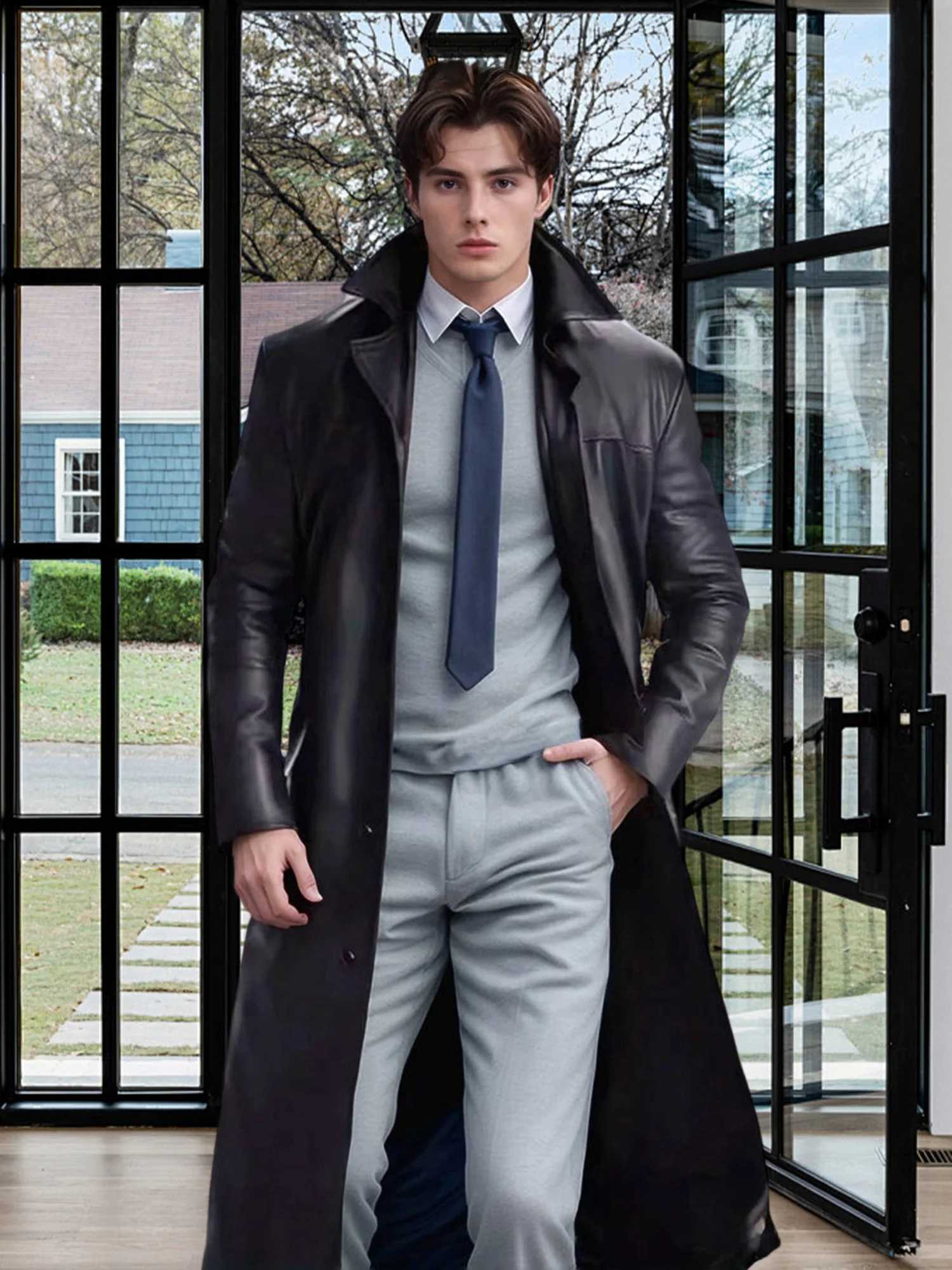 Men s Faux Leather Jacket Classic Lapel Collar Long Sleeve Button Closure Windproof Coat for Fall Winter Wardrobe W251023