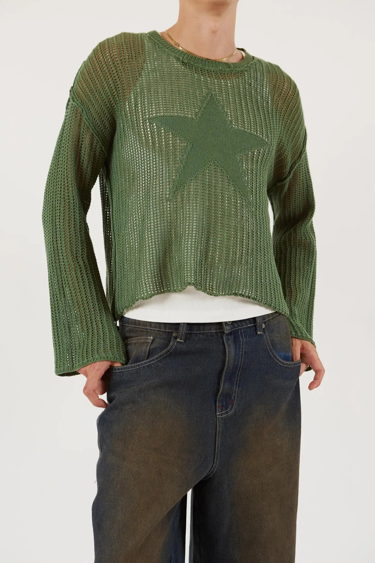 Autumn Vintage Women Sweater Hollow Out Sweater 2000s Pentagram Print Pullovers Harajuku Grunge Y2k Knitted Jumpers Smock Top 251023