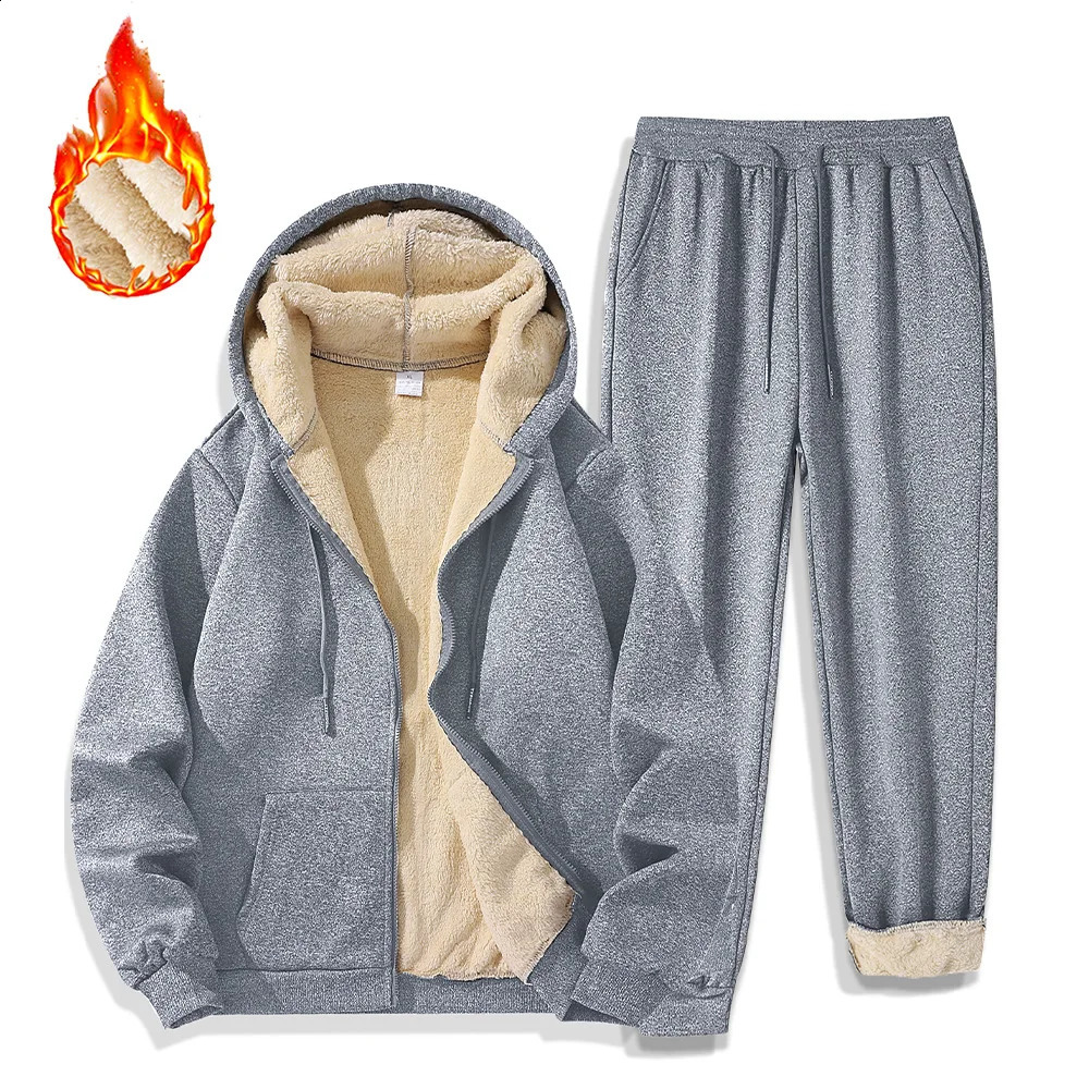 Mens Set Winter Tracksuits Plush Thickened Warm Hooded Jackets Coat Sports Pants Twopiece Casual Outdoor Sportswear 251023