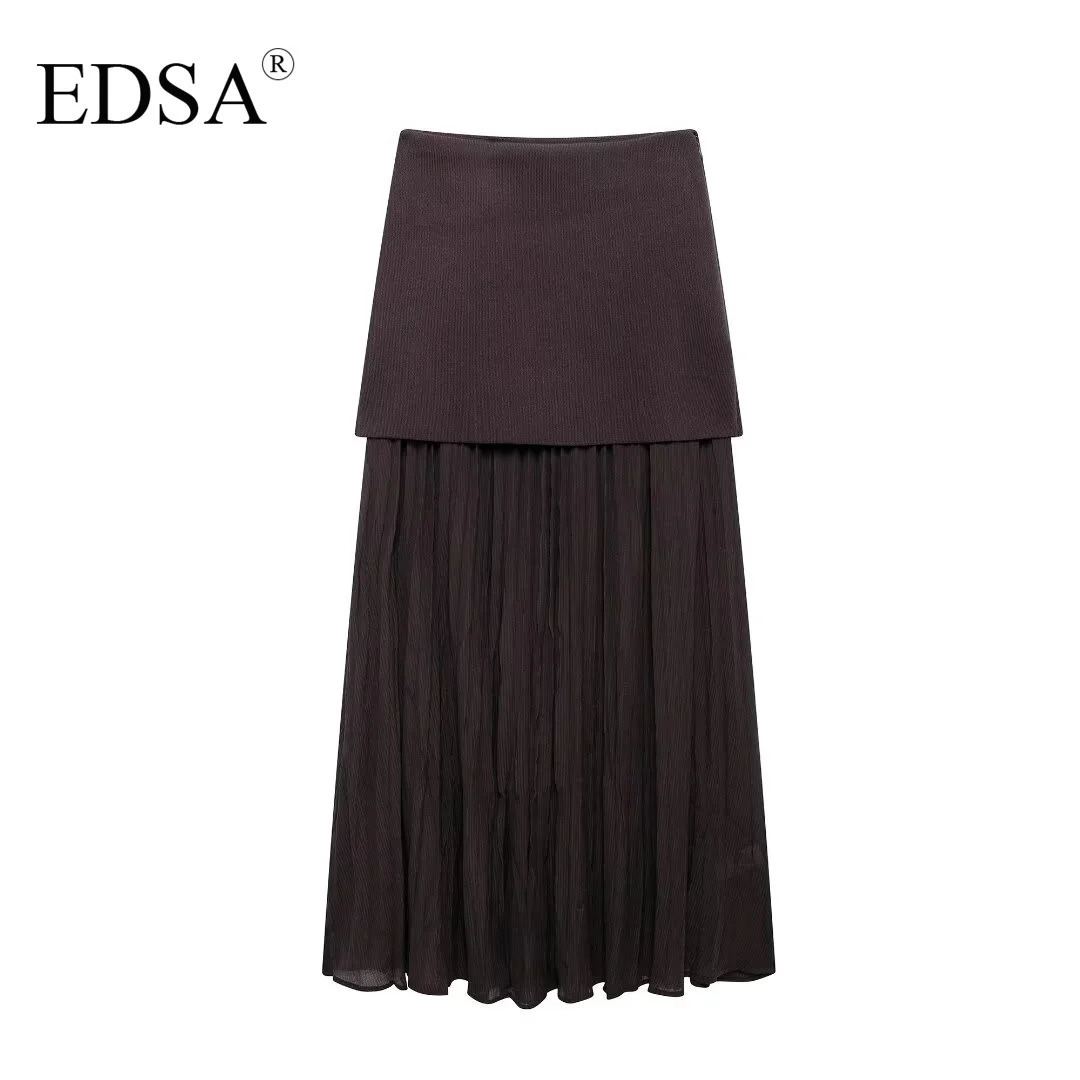 EDSA Women Combined Pleated Knit Skirt with Elasticated Waistband High Waist Semisheer Midi Skirt for Casual Female 251020