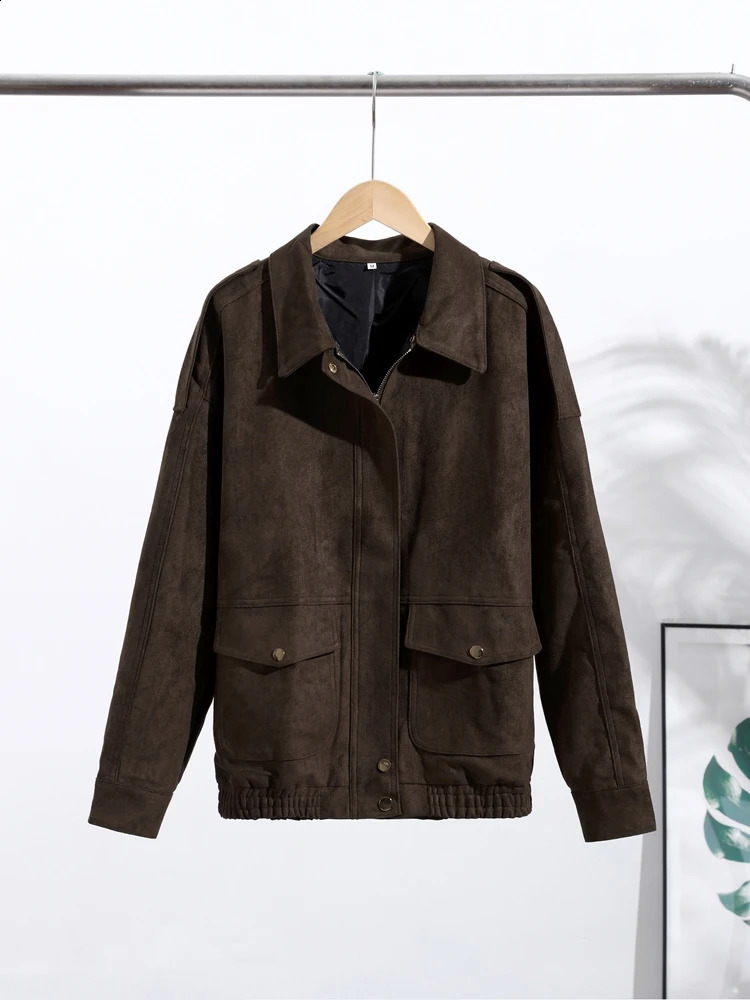 Vintage Suede Short Jacket Women Casual Versatile Turn Down Collar Zipper Coats 2025 Autumn Winter Fashion High Street Outwears 251018