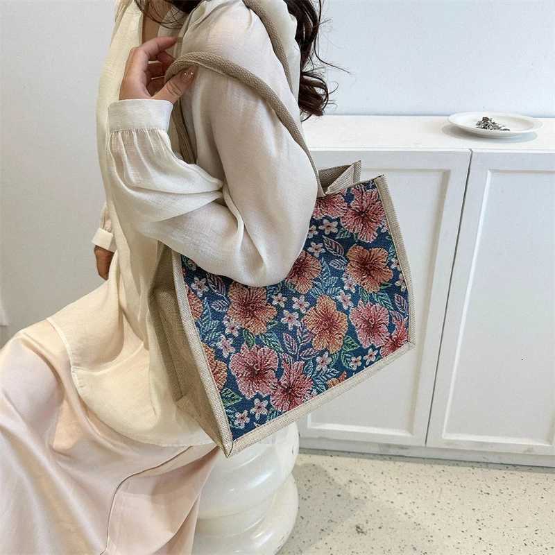 Linen Button Vintage Handbag Women Tote Large Capacity Grocery Bag Gift Bag Beach Organizer Portable Shopping Lunch Bag RetroL251023