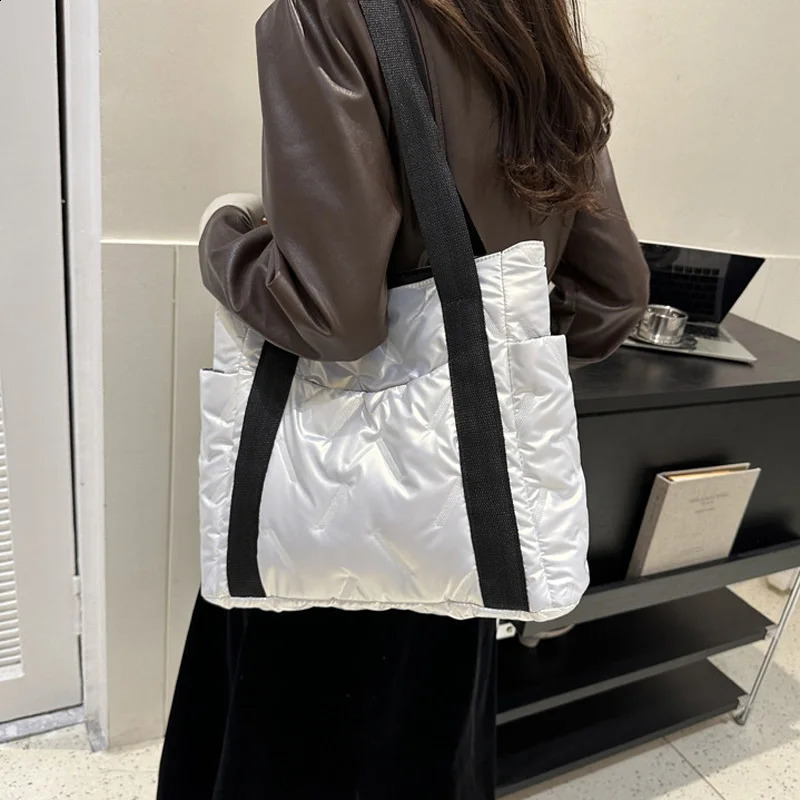 Winter Down Cotton Casual Tote Bags For Women Solid Color Fashion Shoulder Bag Ladies Handbags Commuting Gift 251014