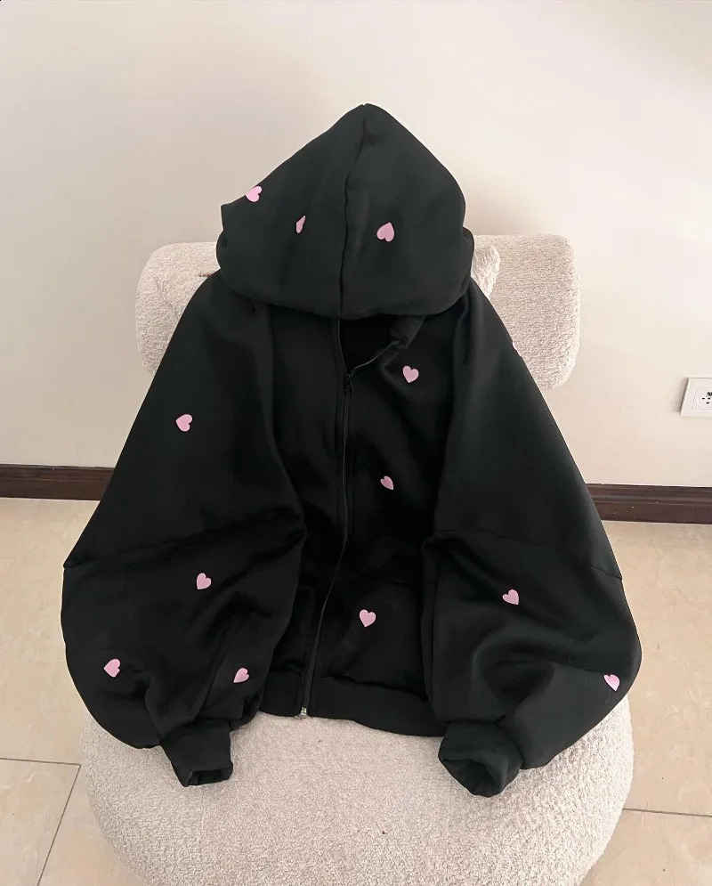 Harajuku Y2K stylish Gothic hiphop fruit heart pattern zipper women hoodie retro rock simple high street casual 251022