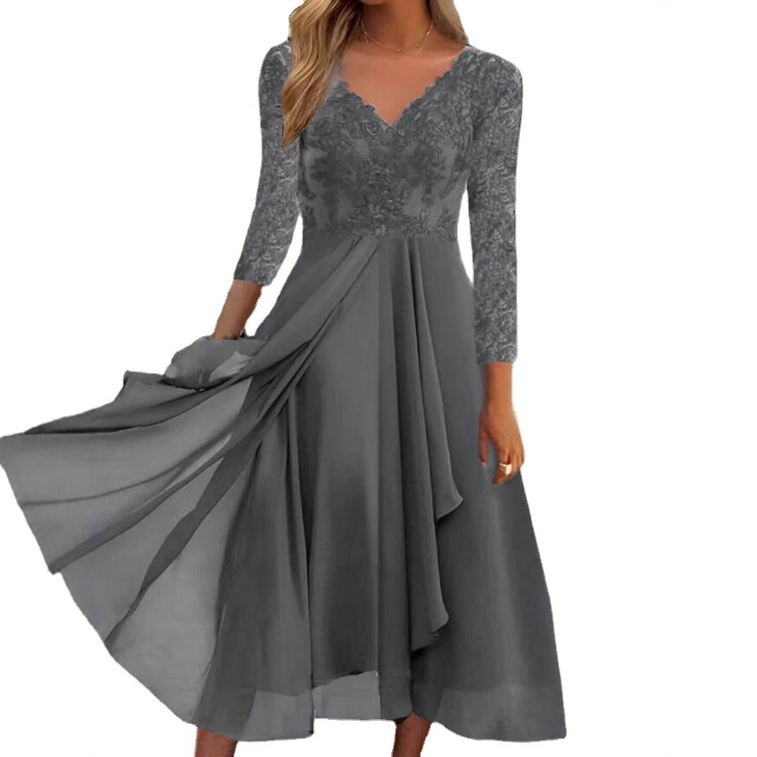 European and American autumn and winter new long sleeved chiffon dress patch V-neck lace hollow bridesmaid evening dress designer evening dress