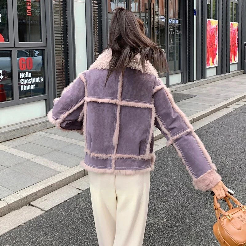 Fur Coat Women 2024Spring Autumn Fashion Sheepskin Jacket With Natural Rabbit Lining Wool Collar Elegant Fallow Clothes 251015