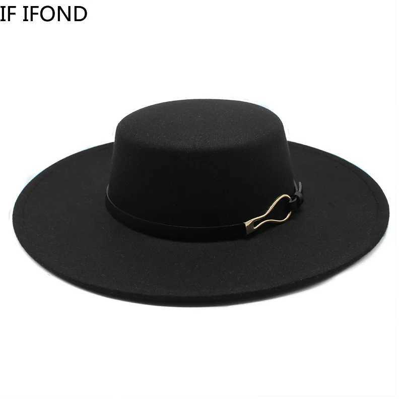 Solid Color Wool Felt Fes Jazz 2022 Winter Warm 10CM Wide Brim Flat Top Hats British Sty Church HatsW251023