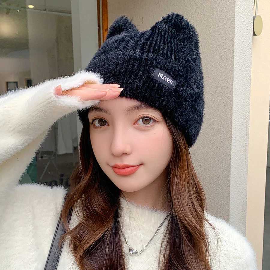 New Women Cute Cat Ear Earflap Winter Hat Fashion Faux Fur Knitted Hat Kpop Style Soft Beanie Hats Candy Female Streetwear CapXJ251023
