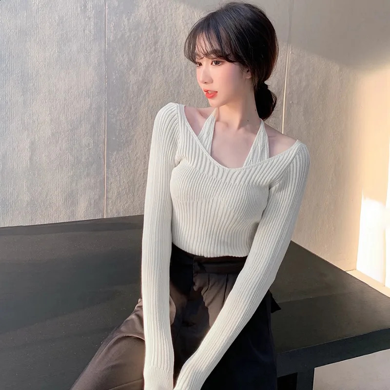 LongSleeved SlimFit Neck Top Womens OffShoulder Retro Solid Simple Knitted Sweater Autumn Winter Sweater Basic Base Shirt 251023