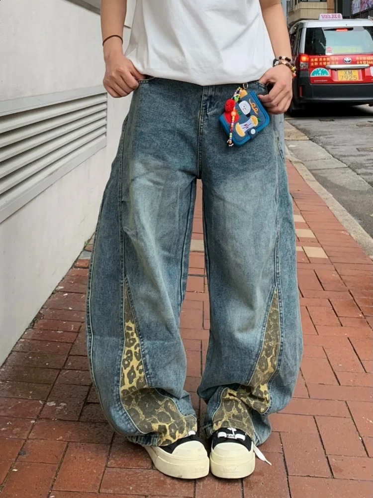 2025 American Retro Y2K Style Leopard Patchwork Baggy Jeans Pants For Men Clothing Straight Harajuku Denim Trousers Moda Hombre 251018