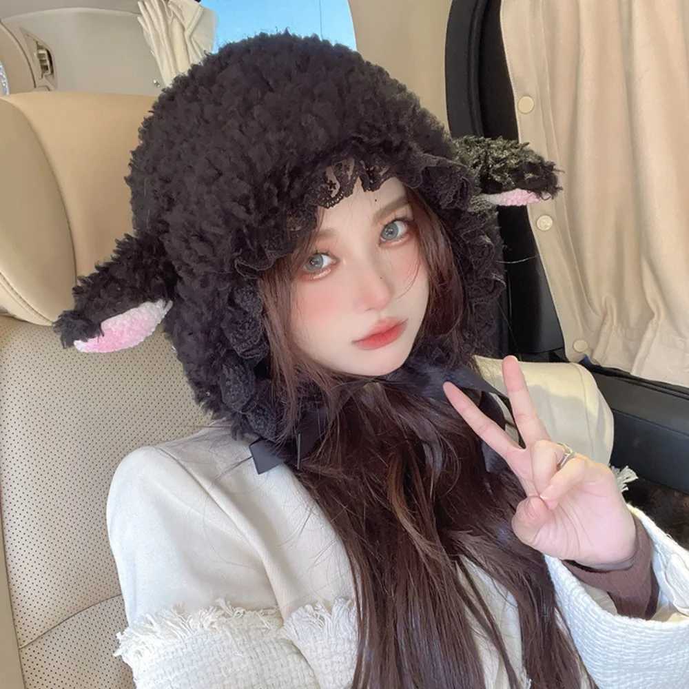 Fluffy Costume Cat Ear Lace Hats Warm Soft Lovely Lamb Cosplay Bucket Beanies Hat Outdoors Winter Warm s Christmas GiftW251023