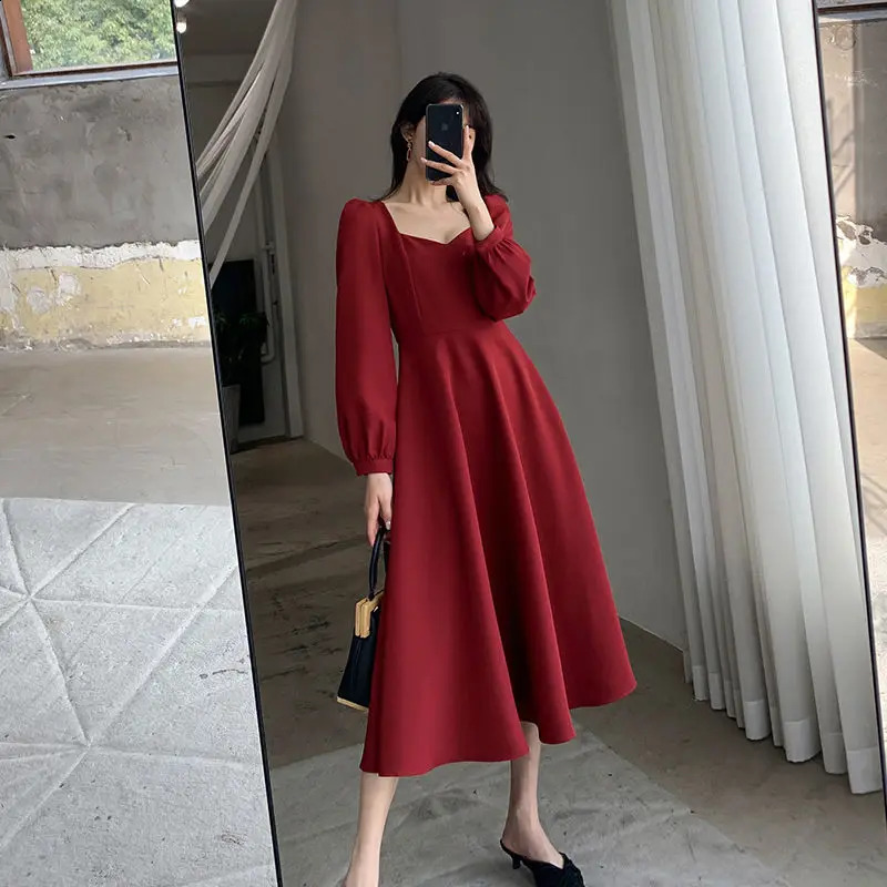 Vintage Collar Long Black Dress KneeLength Womens Elegant Gown Polyester Fabric Sleeve VNeck Midi 251022