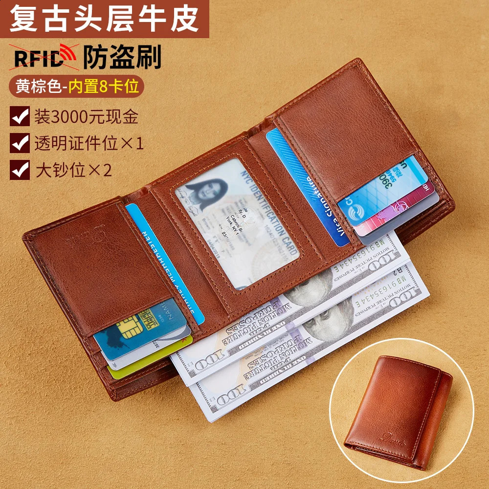 Dante Retro Three Fold Genuine Leather Mens Wallet with AntiTheft Card Swiping Head Layer Cowhide Wallets Multiple Card Slot251023