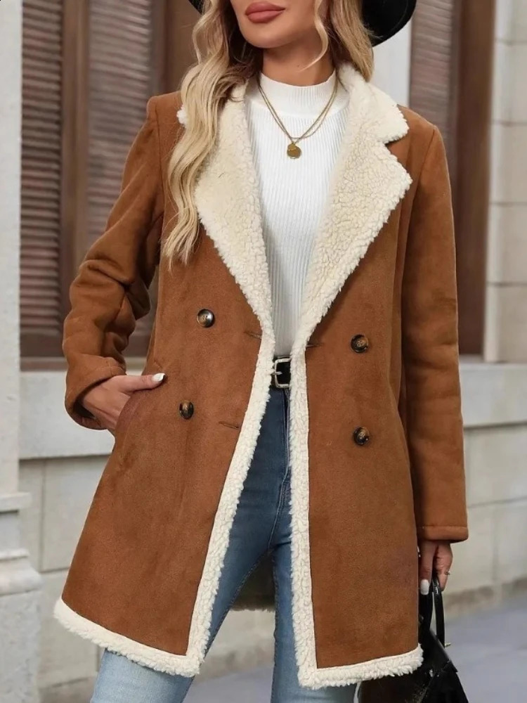 Autumn Winter Womens in Solid Color Overcoat Clothing Fleece Suede Medium Long Woolen Casual Notched Lapel Warm Jacket 251018