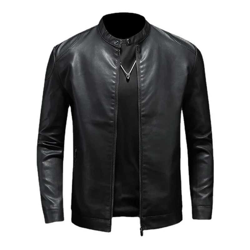 Retro Style PU Biker Jacket Mens Casual Solid Color Zip Up Stand Collar Faux Leather Jacket For Spring Fall W251023