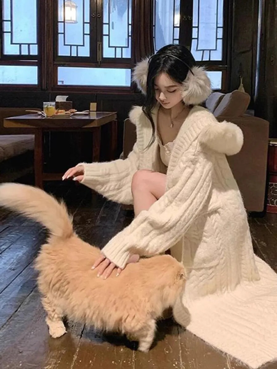 Fur Hooded Sweater Jacket Women Autumn Winter Cardigan Thickened Long Female Loose Simple Leisure Casual Knitwear 251022