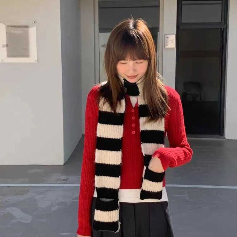 Japanese 2in1 Contrasting Striped Scarf Soft Wool Knitted Scarf Women Winter Versatile Simple Knitted Scarf Neck Warmer Scarf J251113
