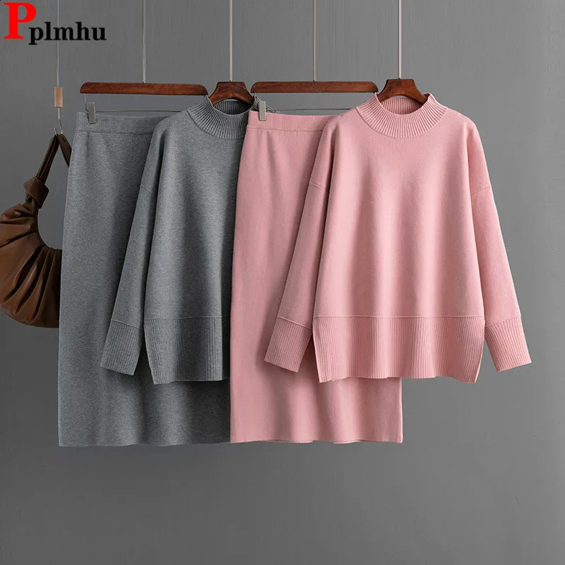 Korean Solid Knitted 2 Piece Sets Women Oneck Long Sleeve Knitwears Sweater Pullover Tops Conjuntos Casual Split Skirts Outfit 251022
