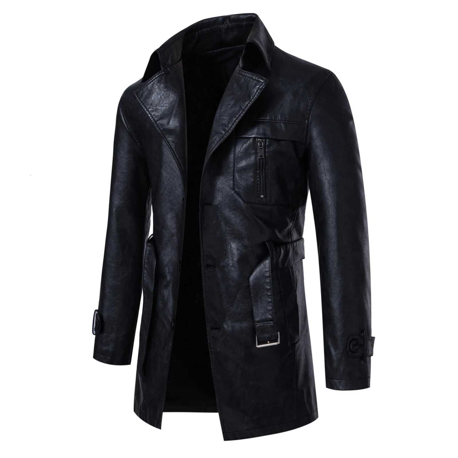 Mens midlength PU leather jacket with a detachable beltlapel trench coat for business casualurban commuting W251023