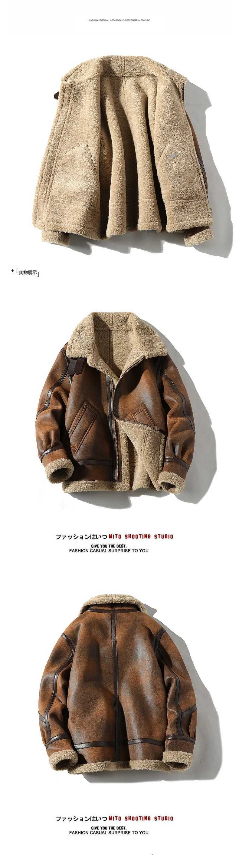 2025 New Vintage Velvet Lamb Wool Mens Jacket FleeceLined and Thickened Winter Motorcycle Leather Coat W251023
