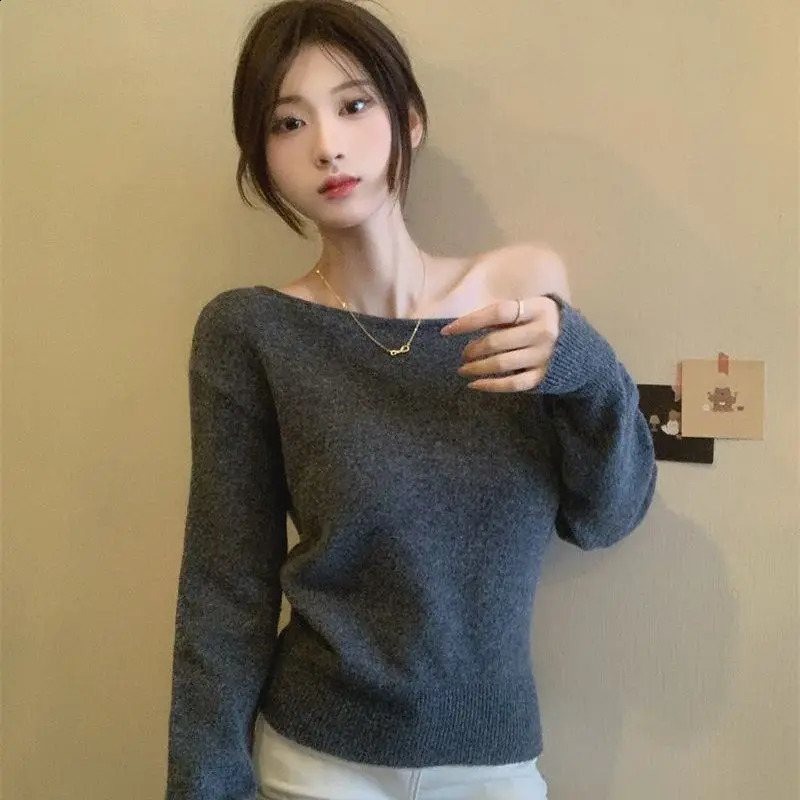 Blue Irregular Offshoulder Sweater Knitted Sweater for Women Chic Short Longsleeved Base Shirt Top 251023
