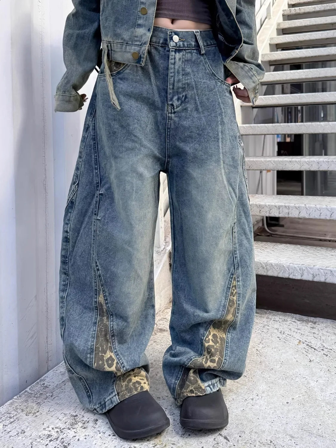 2025 American Retro Y2K Style Leopard Patchwork Baggy Jeans Pants For Men Clothing Straight Harajuku Denim Trousers Moda Hombre 251018