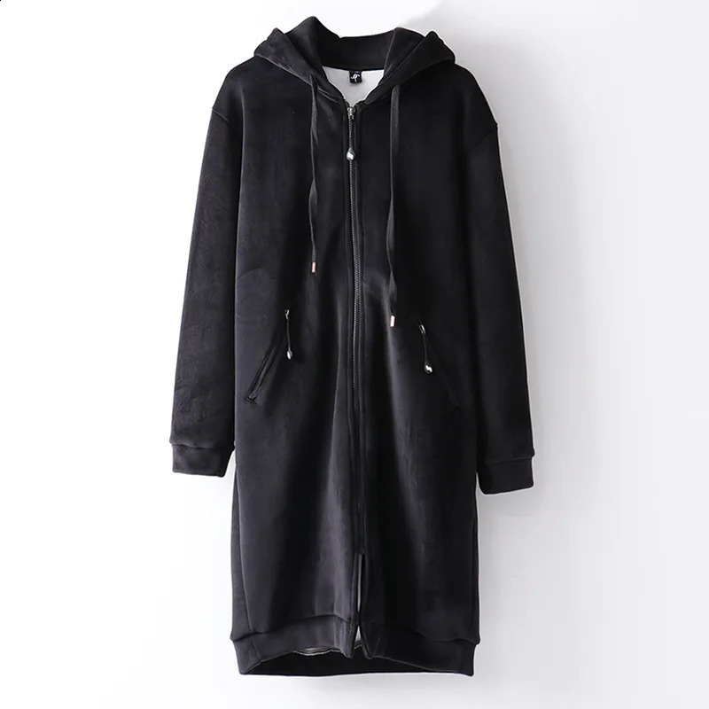 Medium Long Velvet Zipper Hoodie Jacket Loose Versatile Cardigan Sweatshirt Womens Spring Autumn Student Thick Warm Top 251022